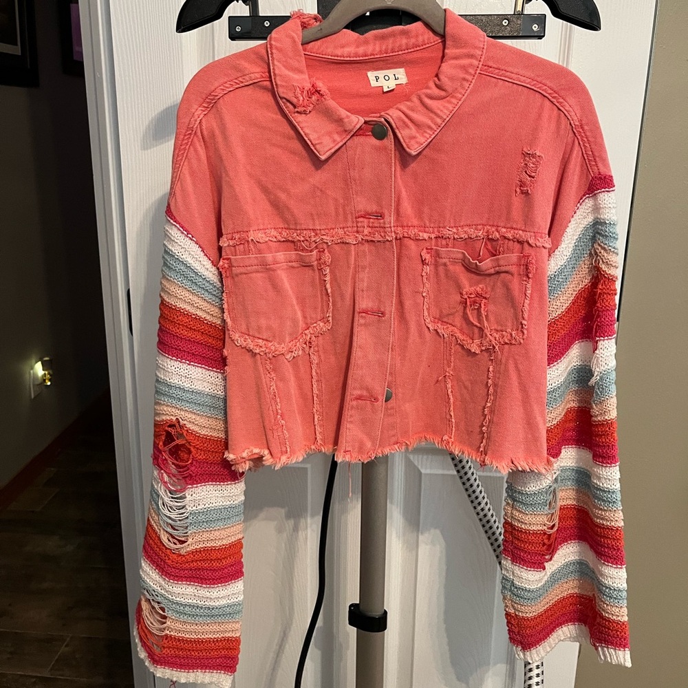 POL Women's Pink Cropped Jacket with Striped Sleeves